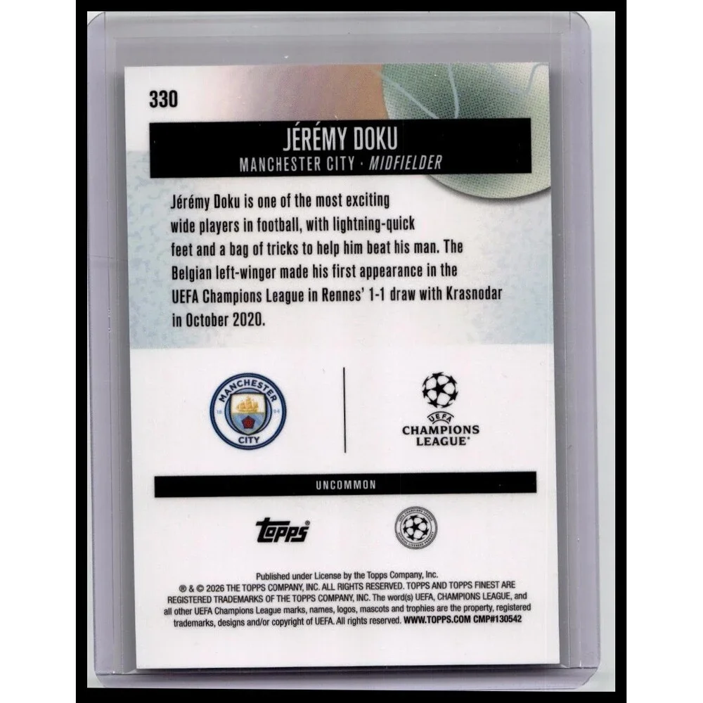 2025-26 Finest UEFA Jérémy Doku #330 Manchester City Blue Refractor #/150